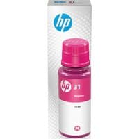 HP 31 magenta ink bottle, 70-ml, with pink cap and HP logo, in white and magenta packaging.