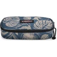 Eastpak Oval pencil case with blue tropical leaf pattern and black zipper.
