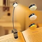 KTEBO book reading light with flexible neck, clip-on base, adjustable brightness, and three color temperature settings.