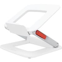 White Leitz Ergo adjustable laptop stand with open frame design and red accent, made from 63% recycled plastic.