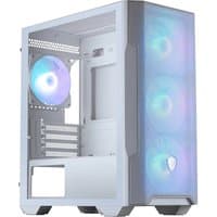 White MSI MAG Forge M100R Midi Tower with transparent side panel and RGB-lit front and rear cooling fans.