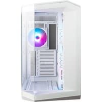 White MSI MAG Pano 100R PZ Midi Tower with RGB fan, tempered glass side, and angular front panel design.