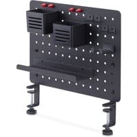 Black StarTech desk pegboard organizer with two bins, shelf, and clamps for mounting, featuring a perforated design.