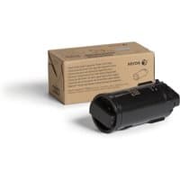 Black Xerox toner cartridge with cylindrical shape, next to brown box labeled "VersaLink C600" and product details.