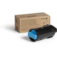 Xerox cyan toner cartridge for VersaLink C600/C605, black casing with blue cap, next to brown branded box.