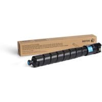 Black Xerox toner cartridge with blue label, cylindrical shape, next to brown branded box.