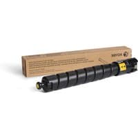 Black Xerox toner cartridge with yellow label, cylindrical shape, next to brown packaging box.