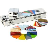 Zebra Premier Colour PVC cards, assorted colors, with packaging box and sample swatches displayed.