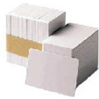 White Zebra Premier PVC cards, 30 mil thickness, stacked in five packs of 100 with a cardboard band.