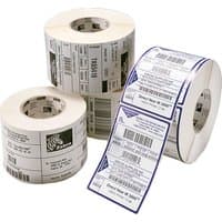 White Zebra Z-Select 2000T self-adhesive printer labels in rolls with printed barcodes and Zebra logo.