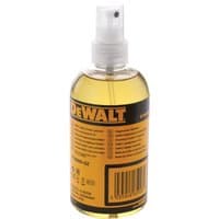 Clear bottle of DeWalt hedge trimmer lubricant, 300ml, with yellow label and black text, spray nozzle on top.