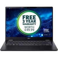 Black Acer TravelMate P6 laptop, 14" screen, Intel Core Ultra 7, sleek design, backlit keyboard, Windows 11 Pro.