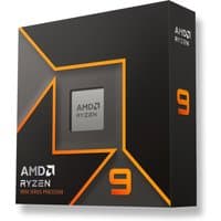 Black AMD Ryzen 9 9950X processor box with orange accents and visible processor chip in center.