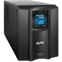 Black APC Smart-UPS tower with LCD display, 8 IEC C13 outlets, SmartConnect port, USB and Serial ports.