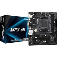 ASRock A520M-HDV micro ATX motherboard, black with silver ports, next to branded box displaying product name.