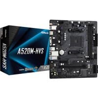 ASRock A520M-HVS micro ATX motherboard with black PCB, multiple slots, and ports, next to its branded box.