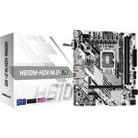 ASRock H610M-HDV/M.2+ D5 micro ATX motherboard with LGA 1700 socket, black and white circuitry design, next to box.