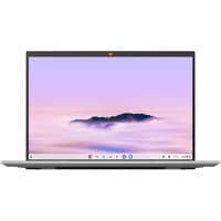 Silver ASUS Chromebook Plus with 14" touchscreen, sleek design, thin bezels, and ChromeOS interface displayed.