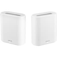 White ASUS EBM68 Wi-Fi 6 tri-band routers, oval shape with smooth edges, featuring subtle ASUS logo on front.