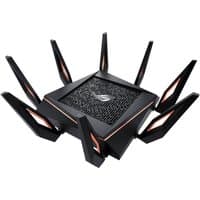Black ASUS GT-AX11000 wireless router with eight angular antennas and a central mesh design.
