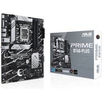 ASUS PRIME B760-PLUS ATX motherboard with black PCB, silver heatsinks, and PCIe slots, next to branded box.