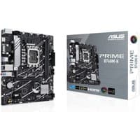 ASUS PRIME B760M-K micro ATX motherboard with black PCB, silver heatsinks, and white pattern, next to branded box.