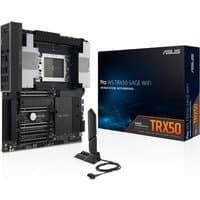ASUS Pro WS TRX50-SAGE WIFI motherboard, black with silver accents, socket sTR5, includes antenna and packaging box.