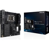 ASUS PRO WS W790E-SAGE SE motherboard, black with silver accents, LGA 4677 socket, next to branded box.