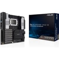ASUS PRO WS WRX90E-SAGE SE motherboard, black with silver accents, socket sTR5, EEB form factor, next to product box.