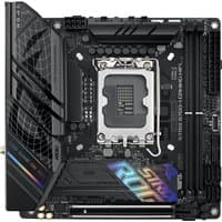 ASUS ROG STRIX B760-I mini ITX motherboard, black with RGB lighting, LGA 1700 socket, and WiFi capability.