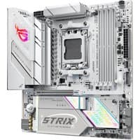 ASUS ROG STRIX B850-G micro ATX motherboard, white with RGB lighting and AMD B850 Socket AM5, WiFi enabled.