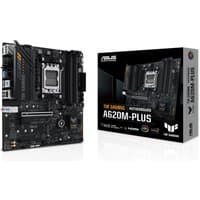 ASUS TUF GAMING A620M-PLUS micro ATX motherboard, black with silver accents, next to branded packaging box.