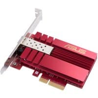Red ASUS XG-C100F internal fiber network card with heatsink and PCIe connector.