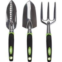 Aluminium hand fork and trowel set with black and green handles, featuring polished metal heads.