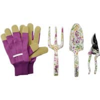 Draper garden tool set with floral pattern, includes gloves, fork, trowel, and pruners, featuring purple and floral designs.