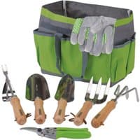 Stainless steel garden tool set with wooden handles, green storage bag, and gloves, includes trowels and pruners.