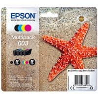 Epson 603 multipack ink cartridge with black, cyan, magenta, yellow; starfish image on sandy background packaging.