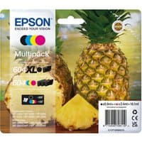 Epson ink cartridge multipack with black, cyan, magenta, yellow cartridges, pineapple image on packaging.