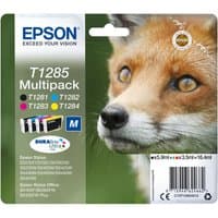 Epson Fox Multipack T1285 ink cartridges, 4 colors, with fox image and DURABrite Ultra logo on green packaging.