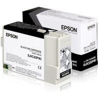 Black Epson SJIC20P(K) ink cartridge for TM-C3400BK, rectangular shape with white label and black text.