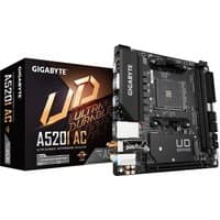 GIGABYTE A520I AC motherboard, black, AM4 socket, 6-phase VRM, PCIe 3.0 M.2 slot, WiFi, USB 3.2 Gen1 ports, GbE LAN.