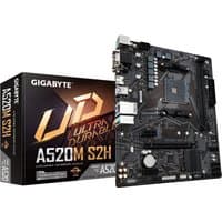 GIGABYTE A520M S2H motherboard with black PCB, AM4 socket, PCIe slots, and USB ports, next to its packaging box.