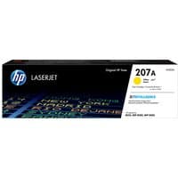 HP 207A Yellow LaserJet toner cartridge in black box with blue HP logo and colorful text design.