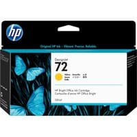HP 72 yellow ink cartridge box with blue butterflies and HP logo, 130-ml capacity for DesignJet printers.