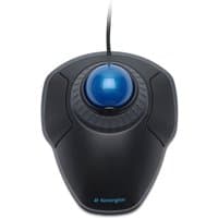 Black Kensington Orbit Trackball with blue ball and scroll ring, wired connection, ergonomic design.