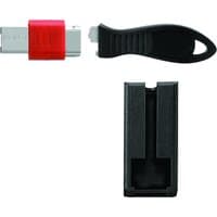Kensington USB Port Lock with red security guard, black key, and rectangular black holder.