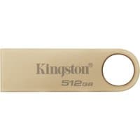 Gold Kingston USB drive, 512GB, metal body, circular keyring loop, Kingston logo, compact design.