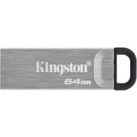 Silver Kingston 64GB USB flash drive with black loop and brushed metal finish.
