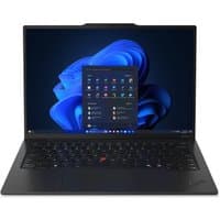 Black Lenovo ThinkPad X1 Carbon Gen 13 laptop, 14" display, sleek design, Windows 11 interface visible on screen.
