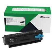 Lexmark B342000 black toner cartridge with green and white box, featuring blue handle and branding.